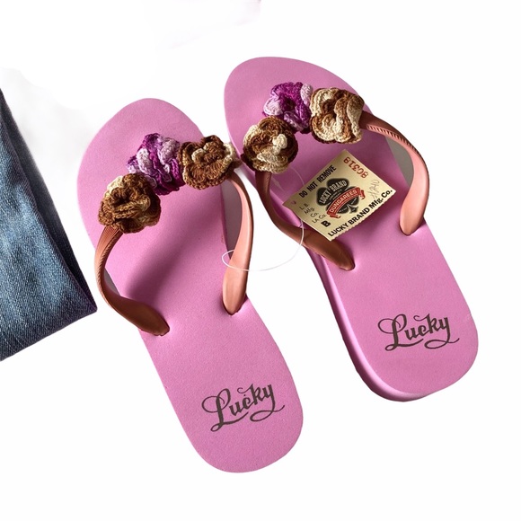new Lucky Brand ♧ Floral Crochet Trim Platform Flip Flop ♧ Rose Pink ♧ Size 6 - Picture 3 of 16
